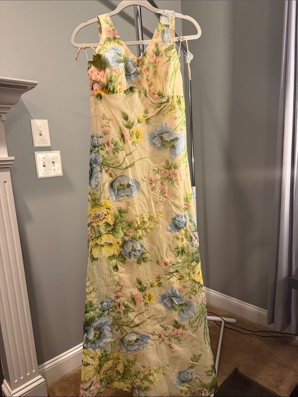 Floral Yellow Maxi Slip Dress with Blue & Green Blooms